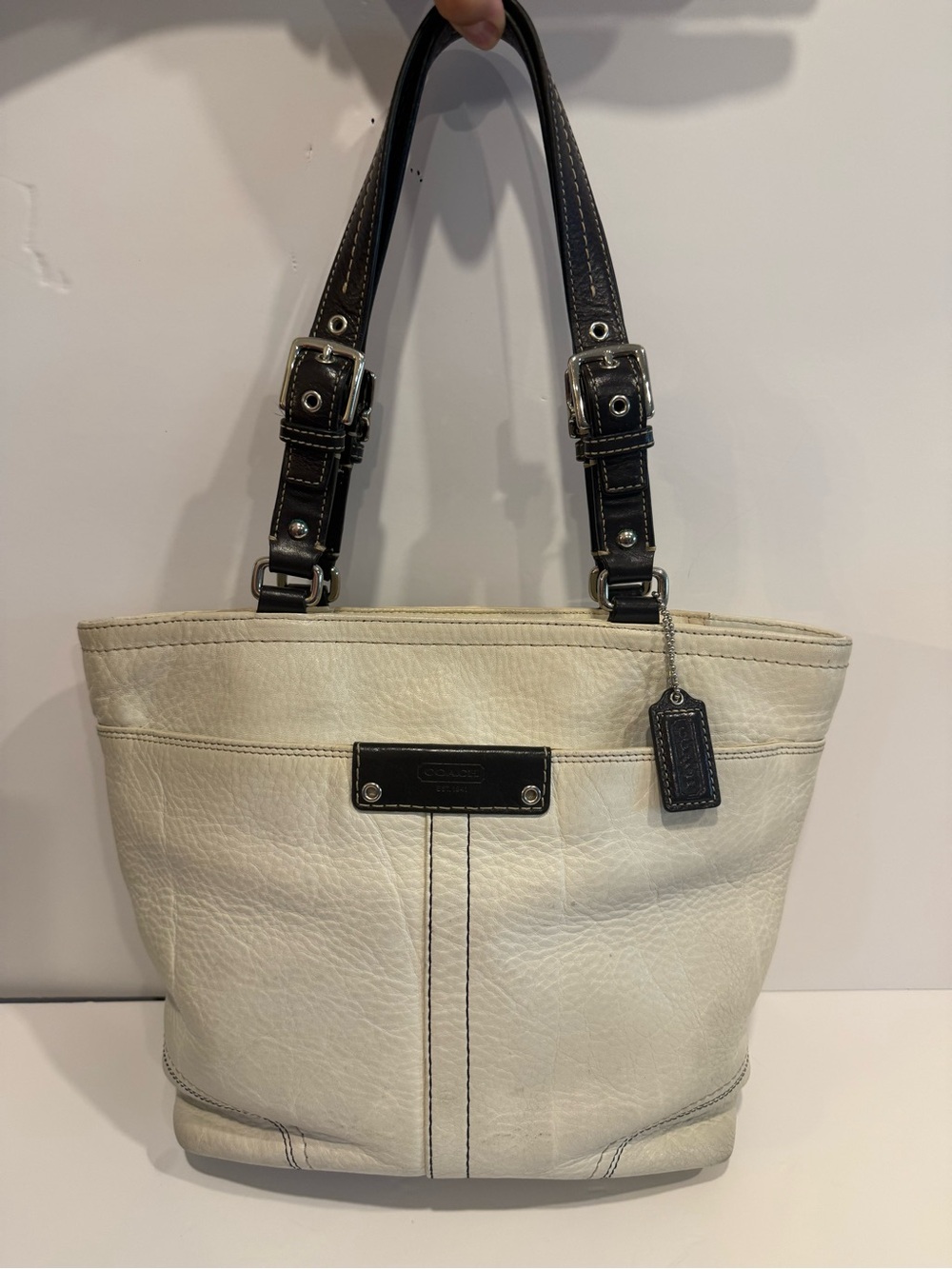 Vintage COACH Hamilton Cream Pebbled Leather Tote Bag Shoulder Purse
